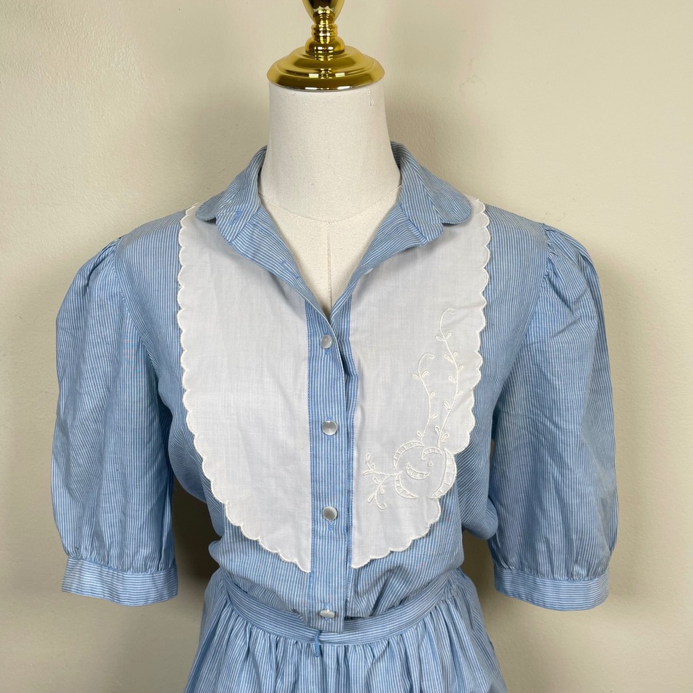 Vintage Pin Stripe Shirt Dress Womens 10 Blue Floral Embroidery Bib Collar 80s - Picture 3 of 13
